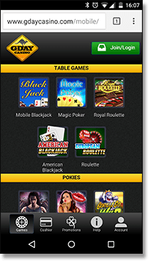 Play real money casino games at G'Day mobile casino